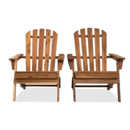 Solid wood Adirondack chairs with wide armrests and a natural wood finish