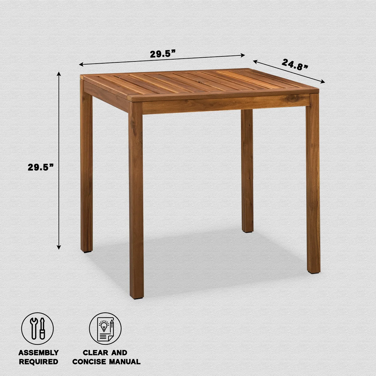 Solid wood outdoor bistro table dimensions: 29.5 inches wide, 24.8 inches deep, and 29.5 inches high