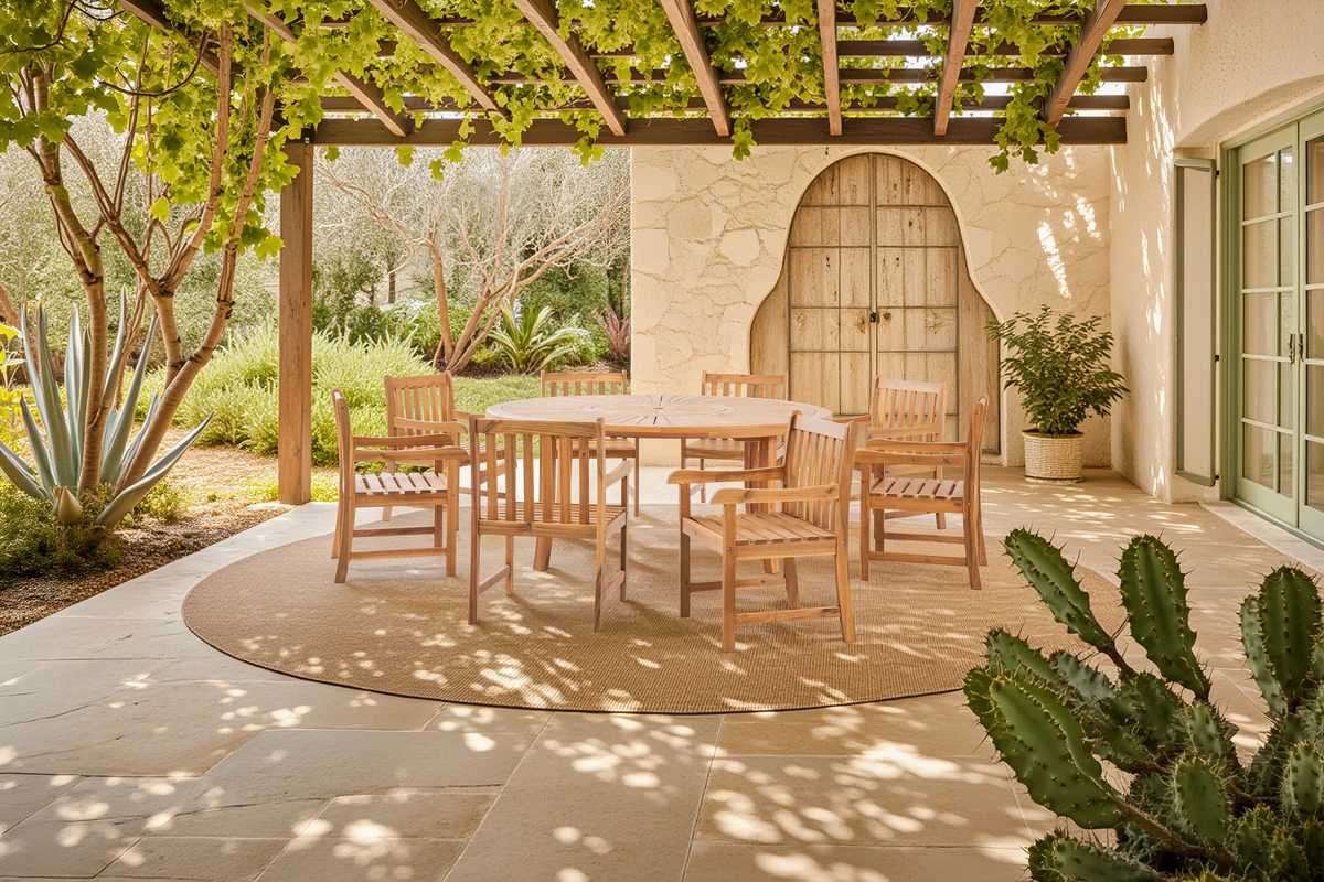 Solid wood patio dining armchairs arranged with a matching table