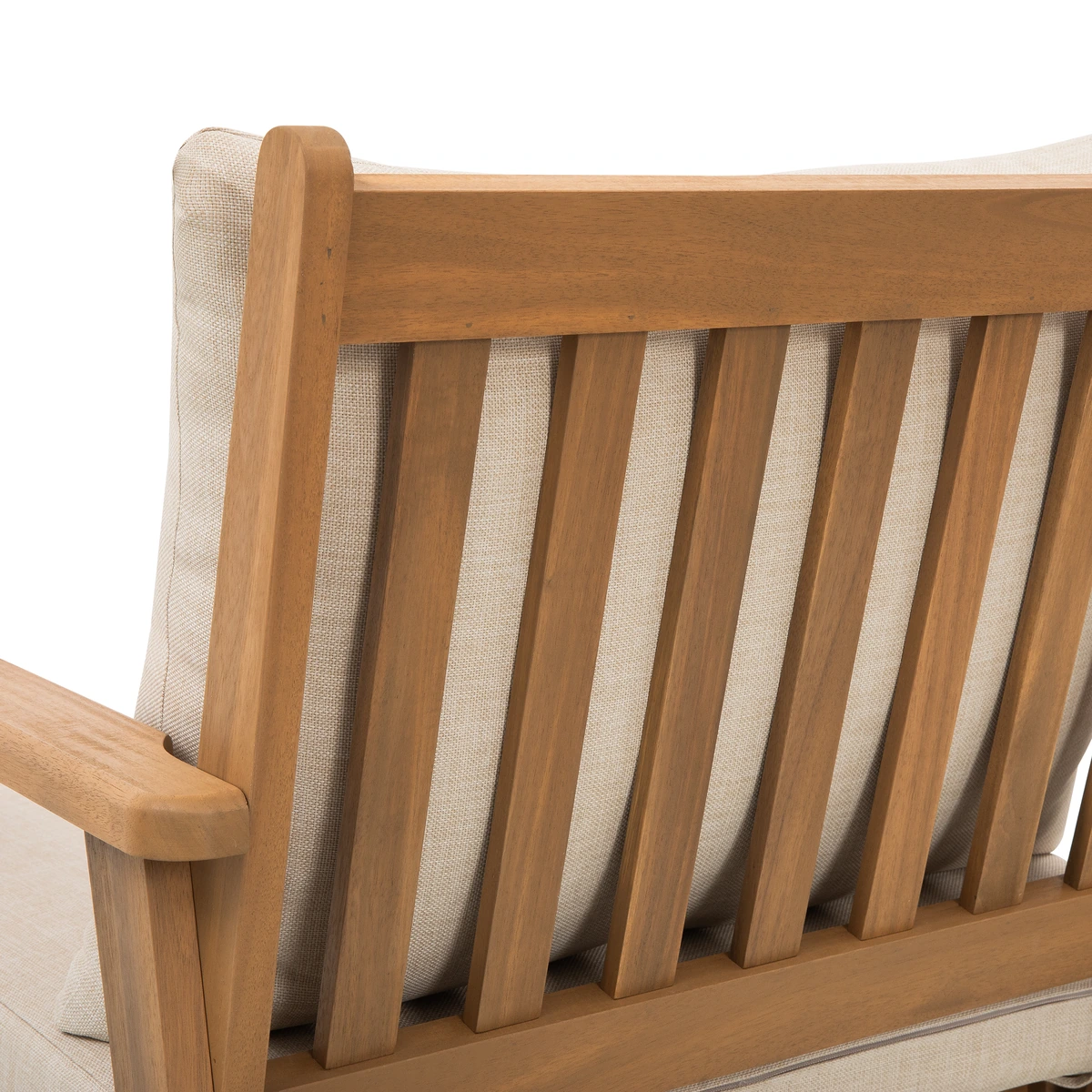 Close-up of slatted solid wood lounge chair backrest