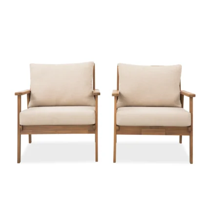 set of two solid wood patio lounge chairs with beige cushions