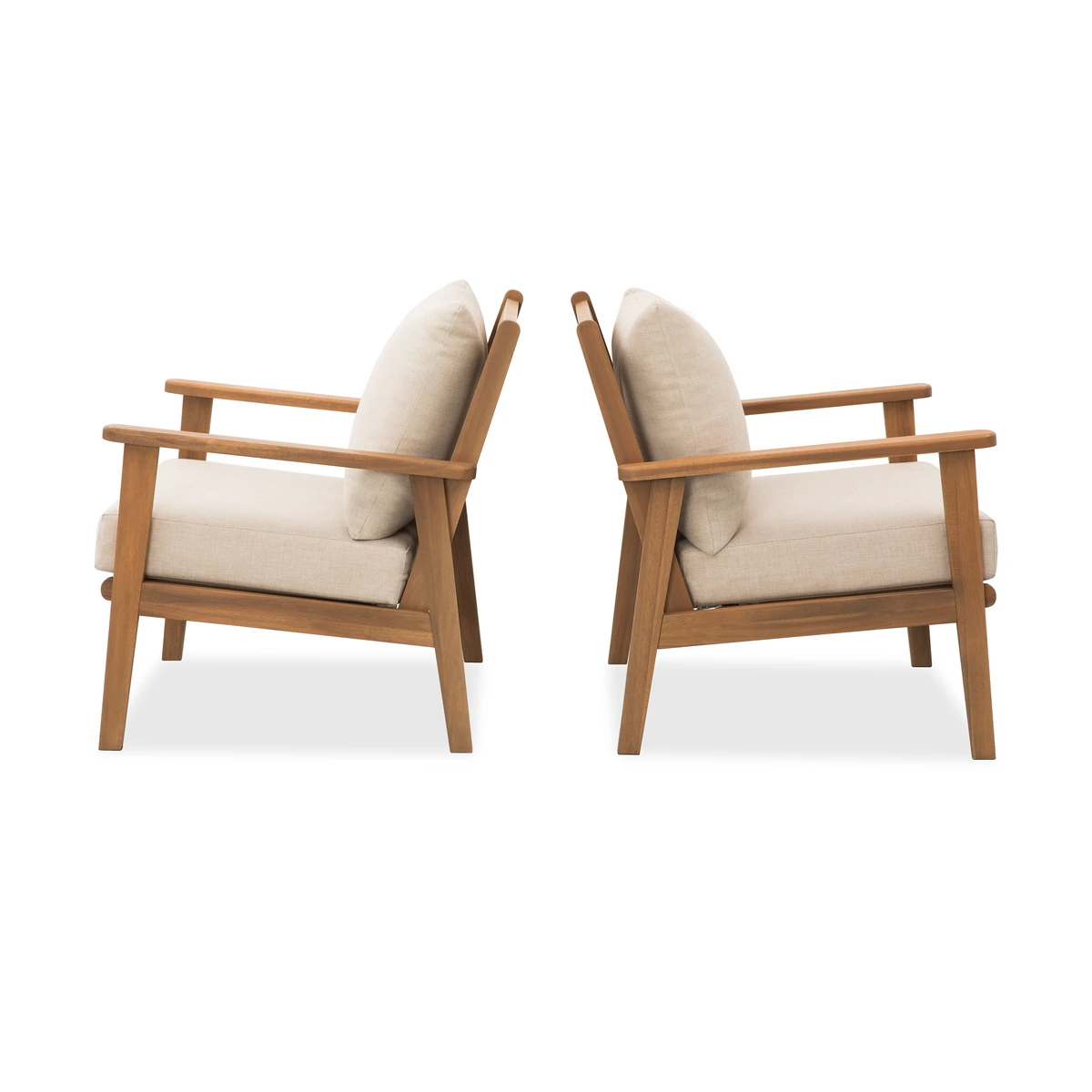 Pair of solid wood patio lounge chairs shown from the sides