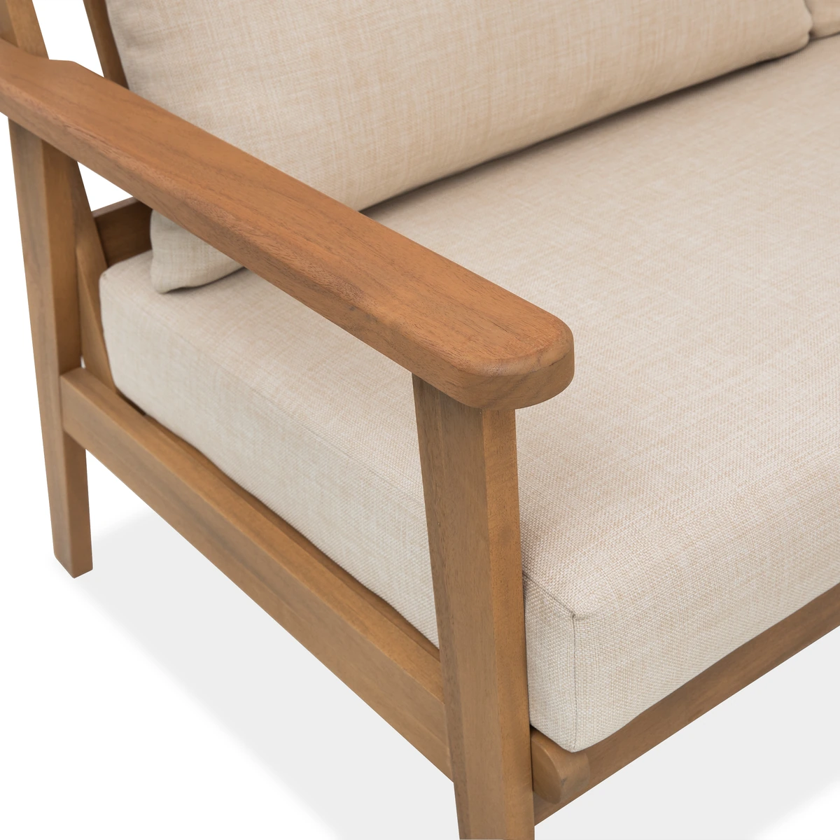 Close-up of solid wood patio sofa armrest and frame