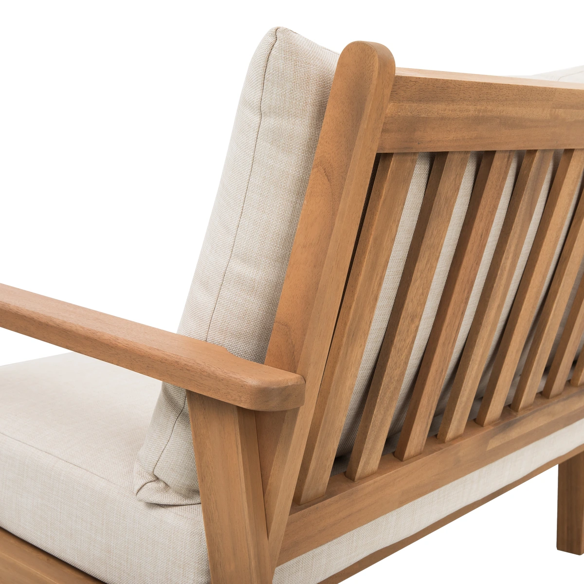 Close-up of slatted acacia wood sofa backrest