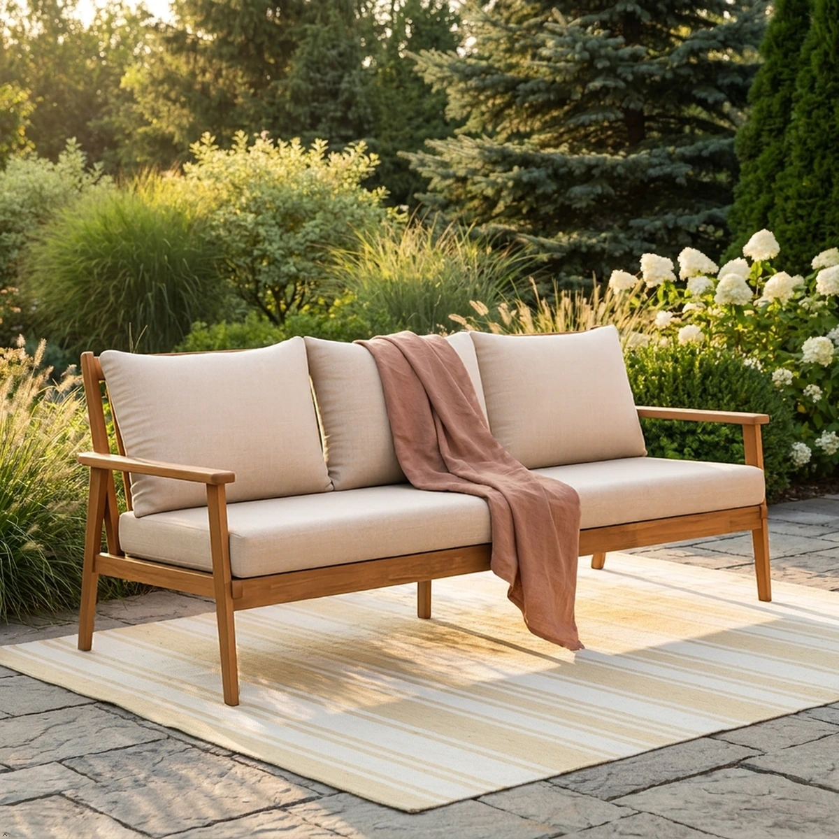 Wood patio sofa with slatted coffee table and refreshments