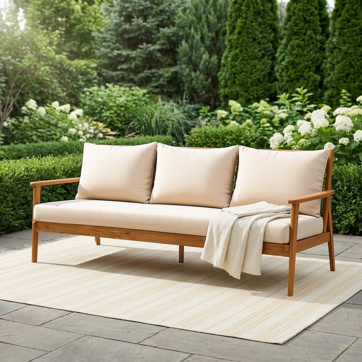 Solid wood patio sofa with beige cushions and soft throw