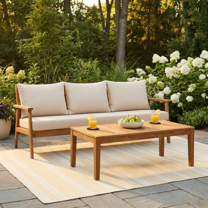 3-Seater Solid Wood Patio Sofa with Removable Cushion Covers