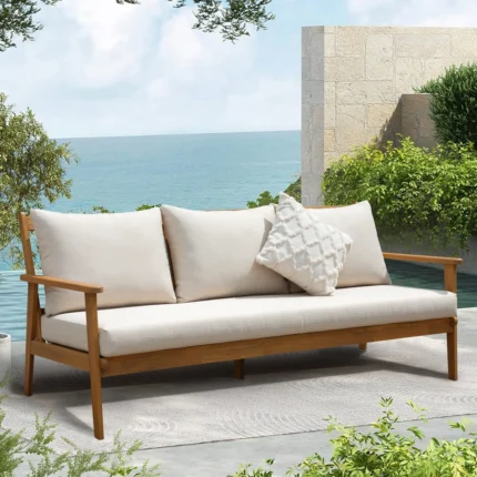 3-Seater Solid Wood Patio Sofa with Removable Cushion Covers