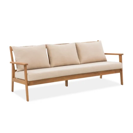 3-seater solid wood patio sofa with removable beige cushion covers
