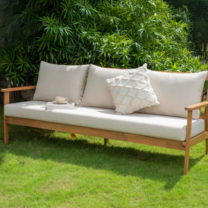 3-Seater Solid Wood Patio Sofa with Removable Cushion Covers