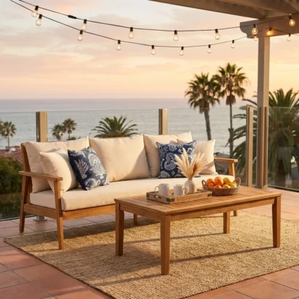 3-Seater Solid Wood Patio Sofa with Removable Cushion Covers