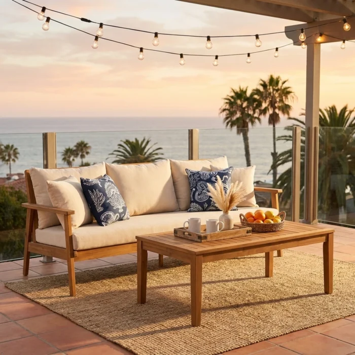 3-Seater Solid Wood Patio Sofa with Removable Cushion Covers
