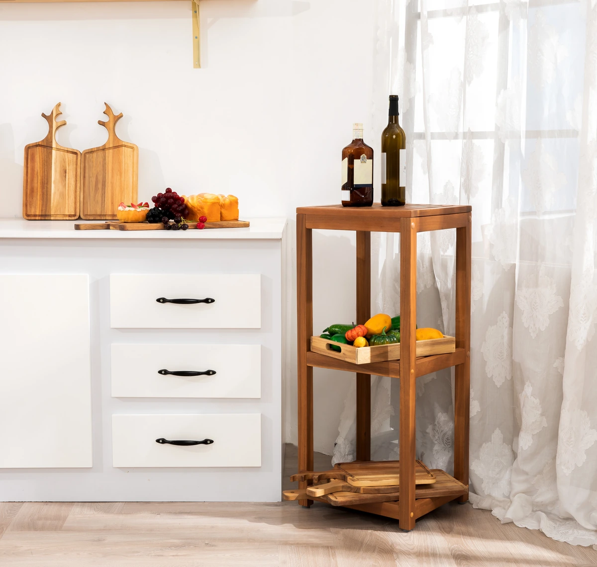 Solid wood shelving unit organizing kitchen supplies