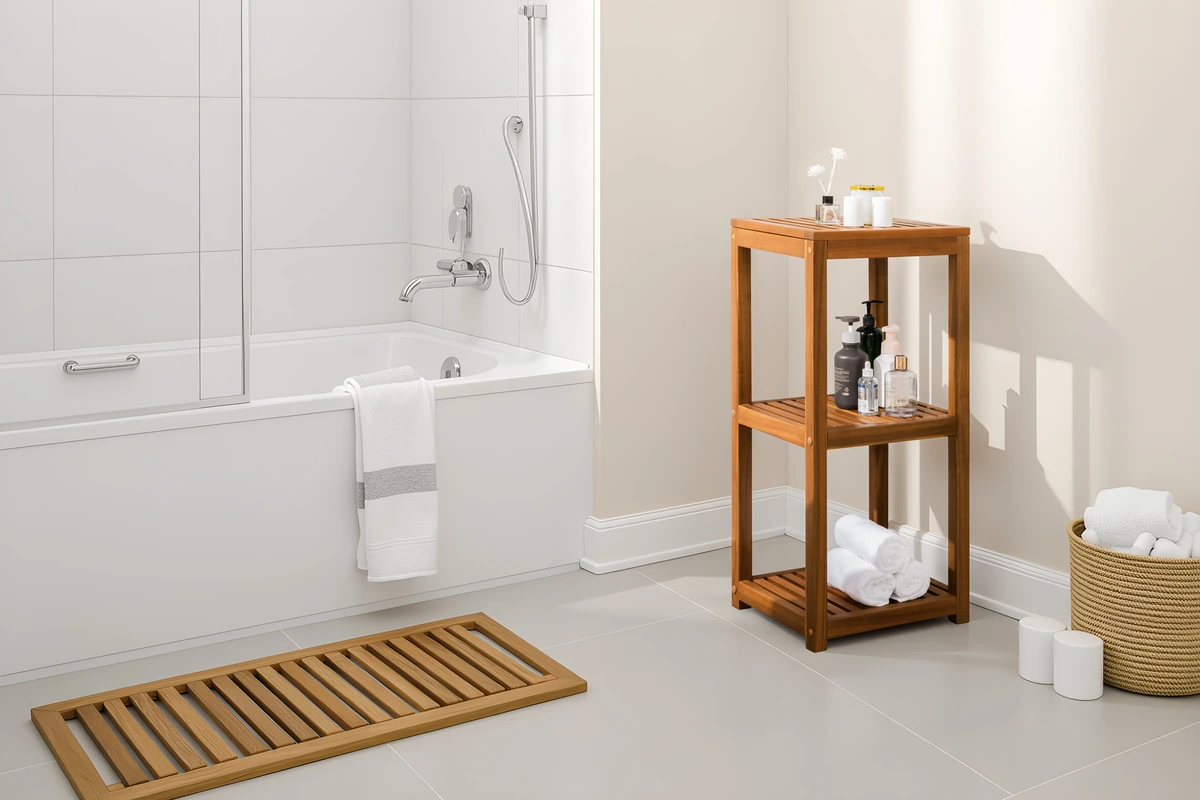 3-tier solid wood shelving unit in a bright bathroom