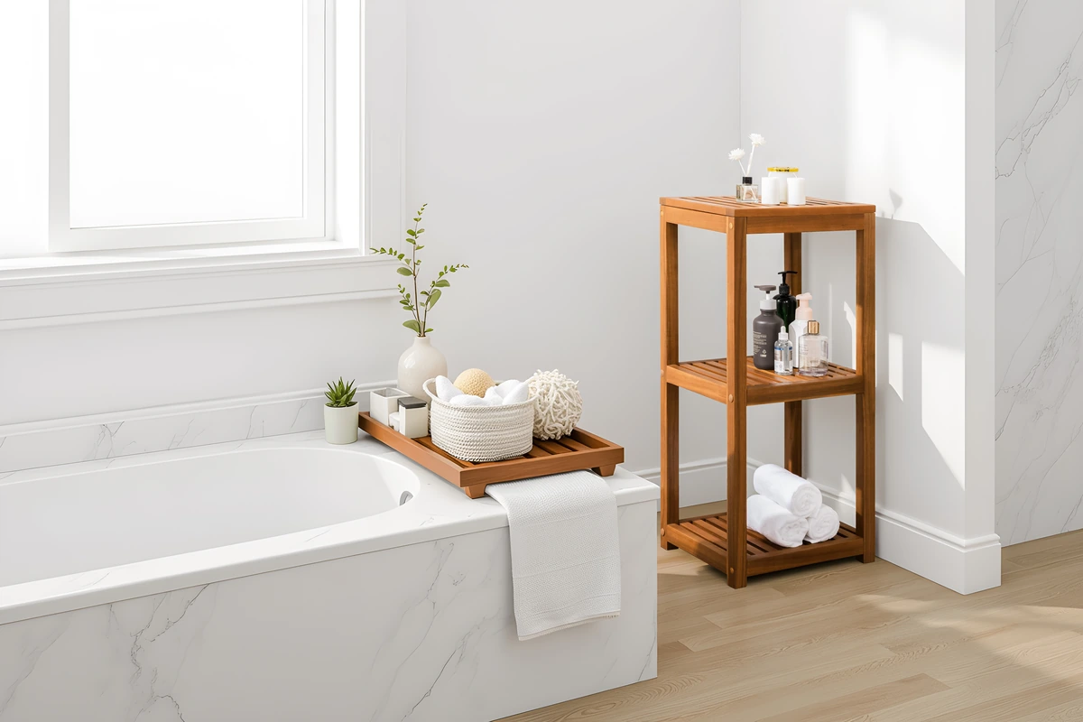 Wood storage rack beside a bathtub with towels and toiletries
