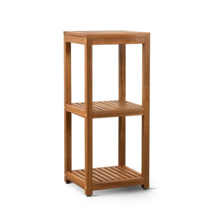 3-tier solid wood shelving unit with natural finish
