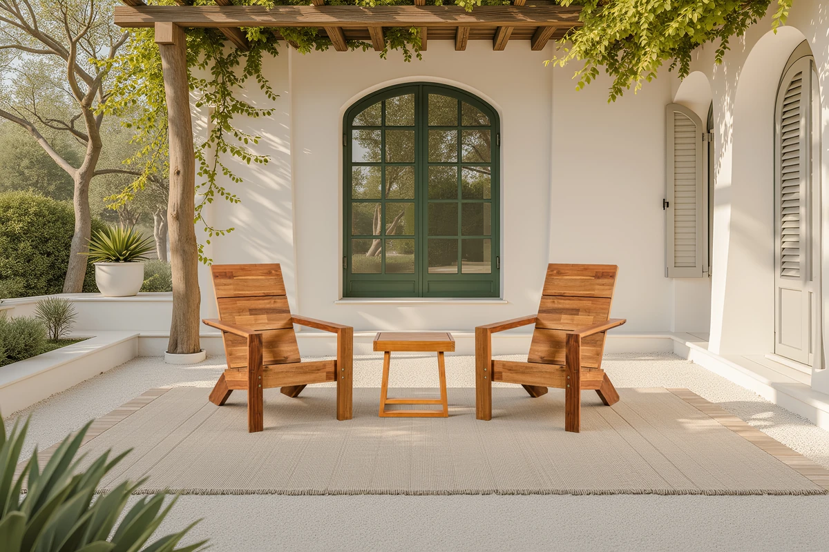 Two acacia wood Adirondack chairs arranged for conversation