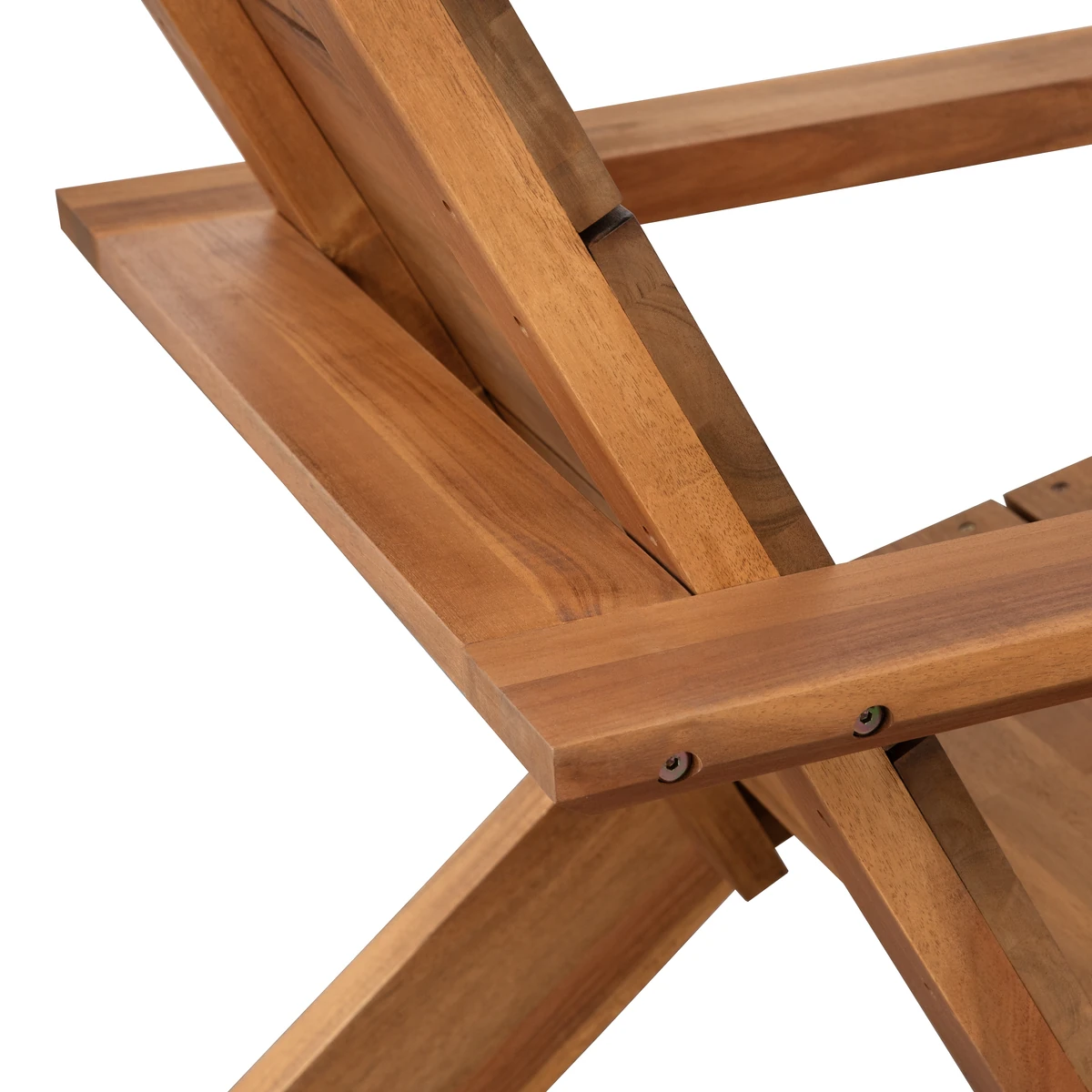 Close-up of reclined acacia wood Adirondack chair frame
