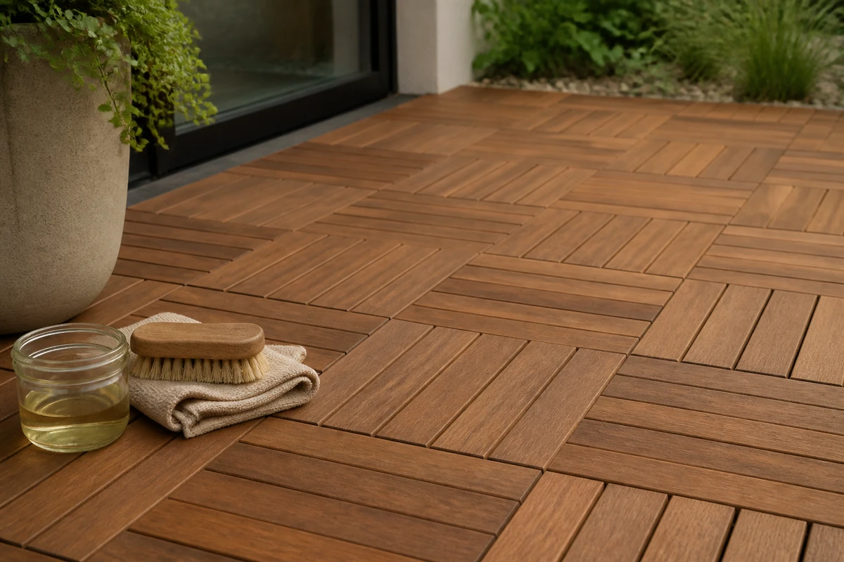 Wood deck tile maintenance with brush cloth and exterior wood oil