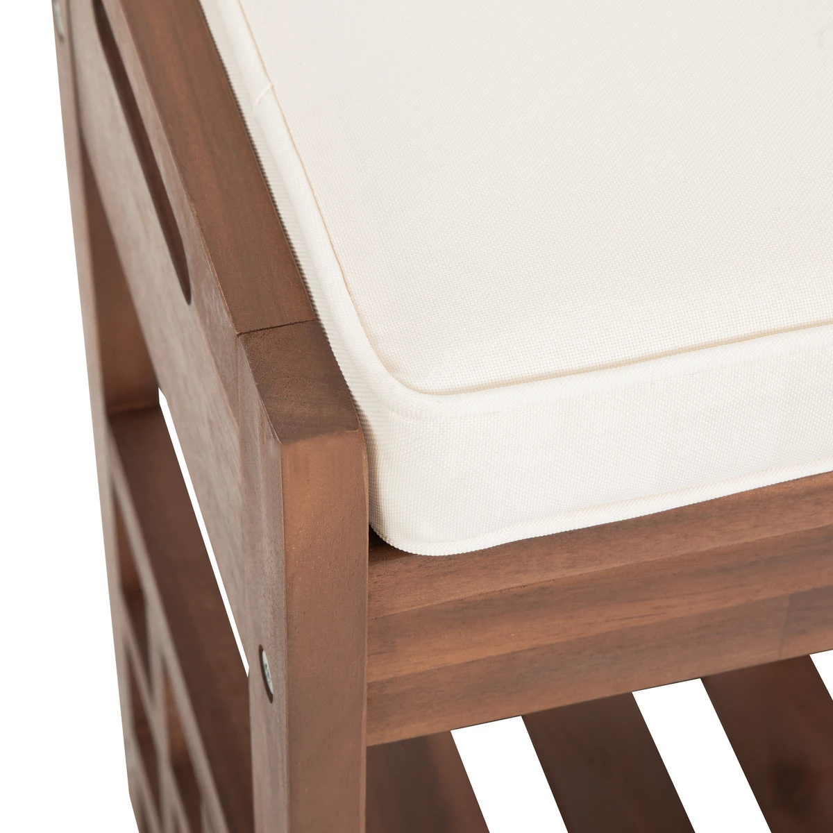 Close view of the upholstered cushion supplied with the wooden shoe storage bench
