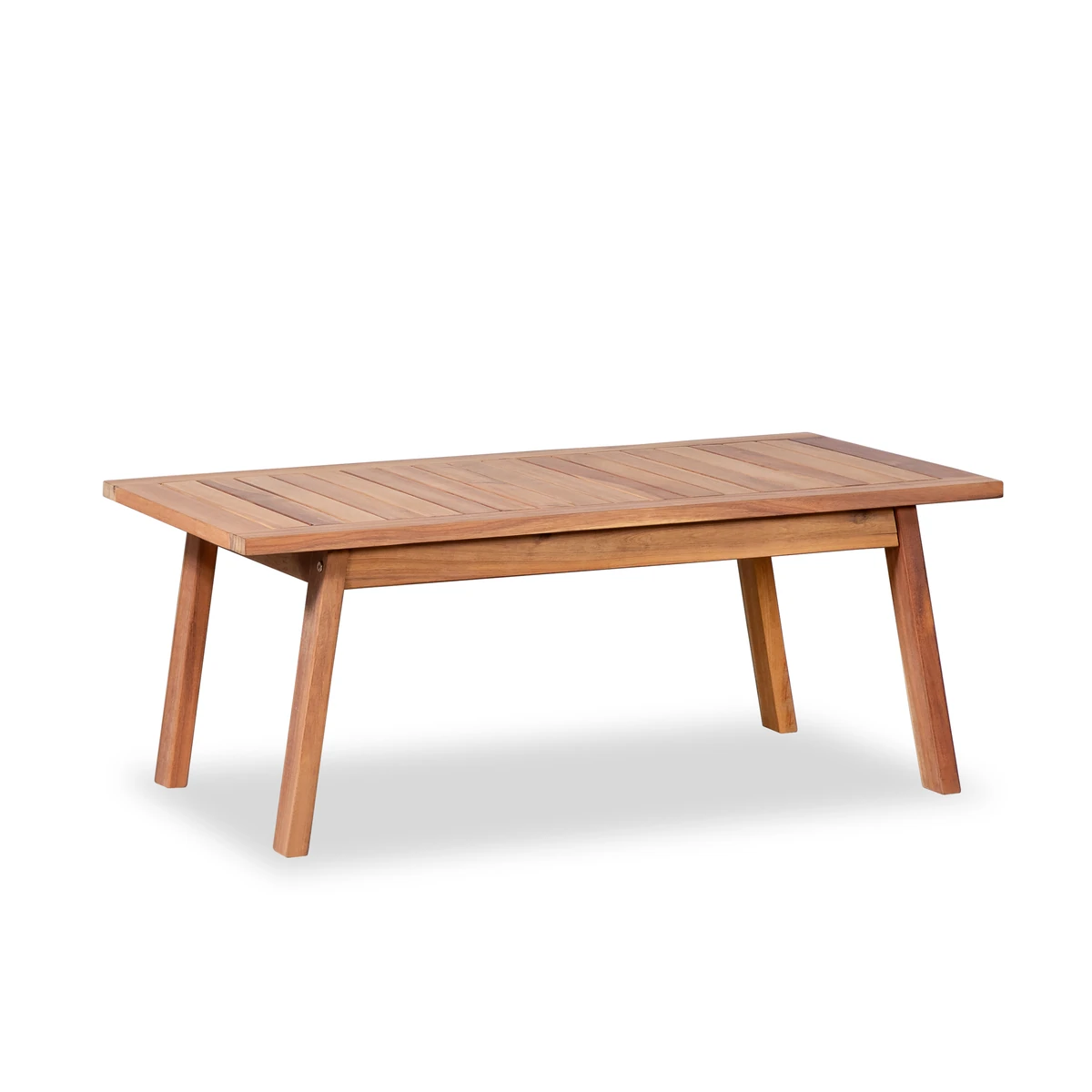 Angled view of the wooden slatted coffee table
