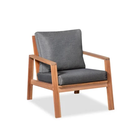 Acacia outdoor lounge chair with dark gray cushion, front view