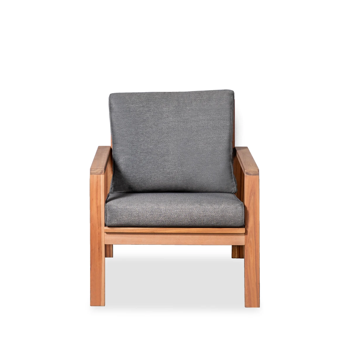 Acacia lounge chair with gray cushions, front view