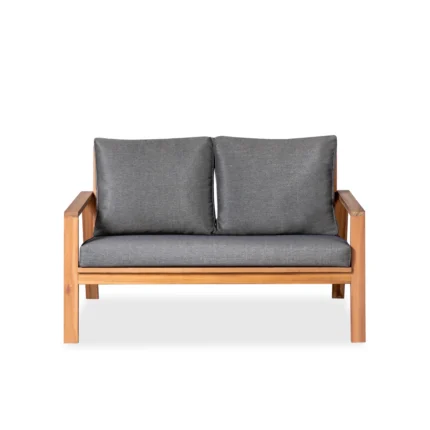 Acacia outdoor loveseat with dark gray cushions, front view
