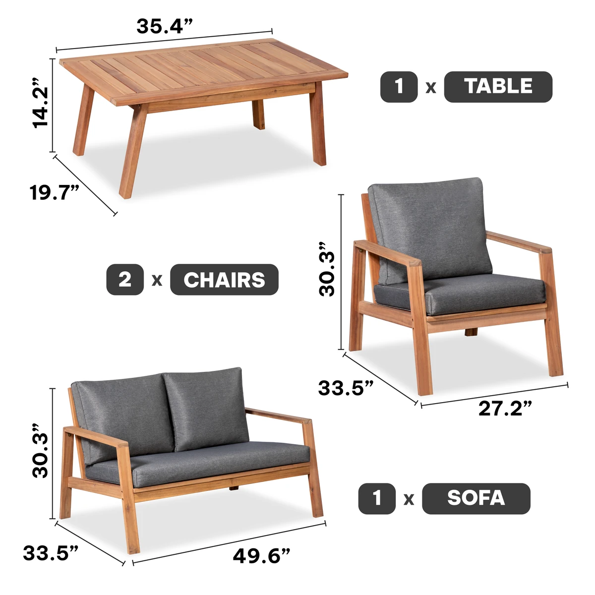 Dimension diagram of the 4-person acacia patio conversation set
