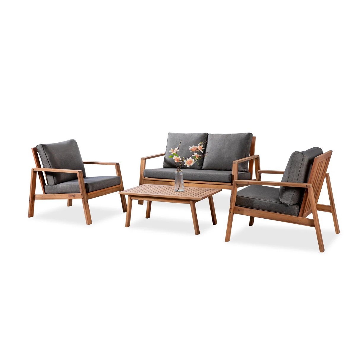 Four-person acacia patio conversation set with loveseat, two lounge chairs, coffee table and gray cushions