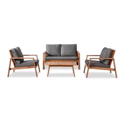 Four-piece acacia patio conversation set with loveseat, two chairs and coffee table