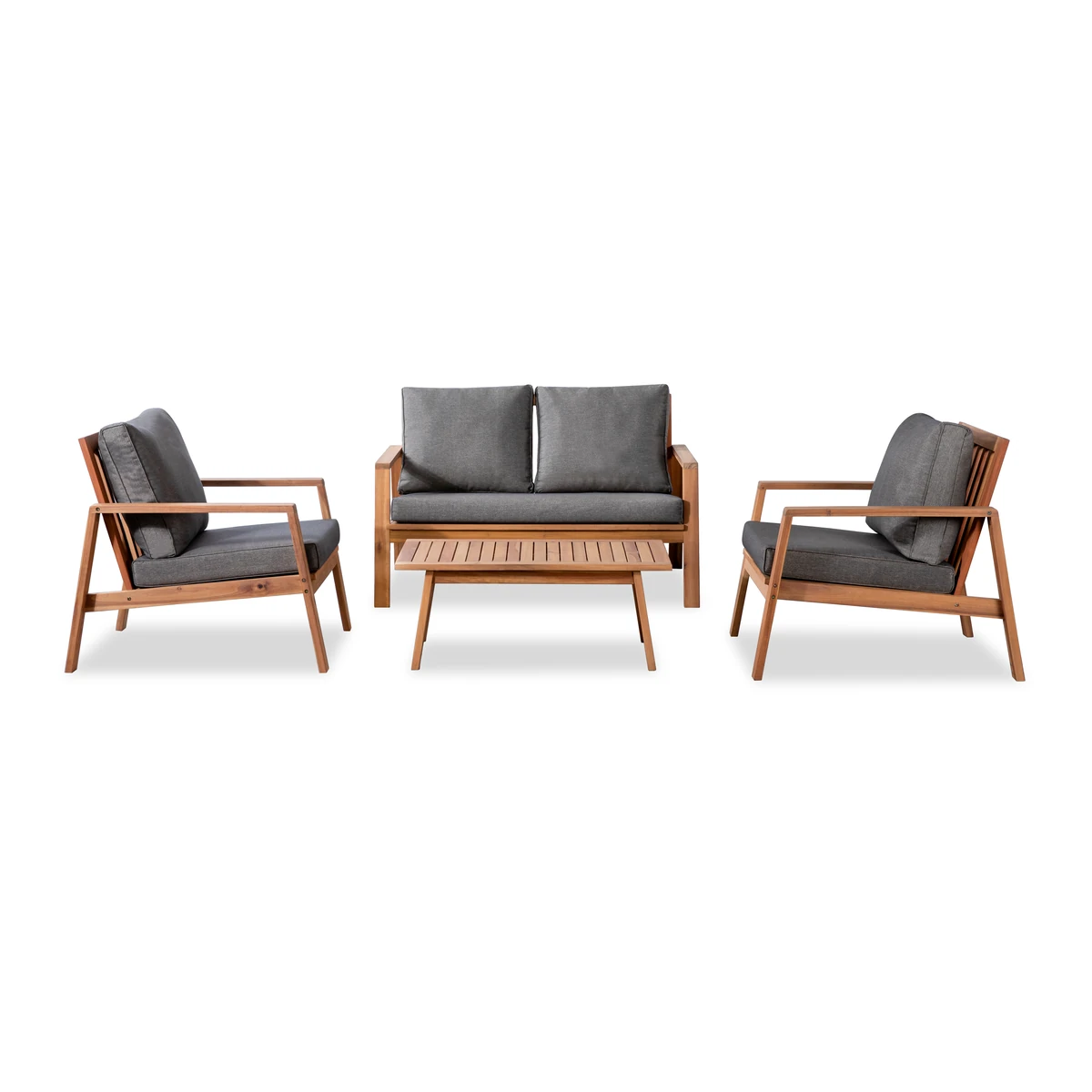 Four-piece acacia patio conversation set with loveseat, two chairs and coffee table