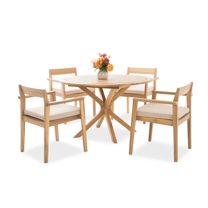4-Person Acacia Wood Patio Dining Set with Round Table and Cushions