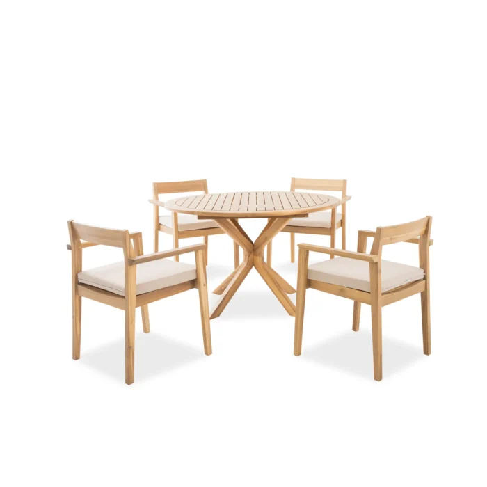 4-Person Acacia Wood Patio Dining Set with Round Table and Cushions