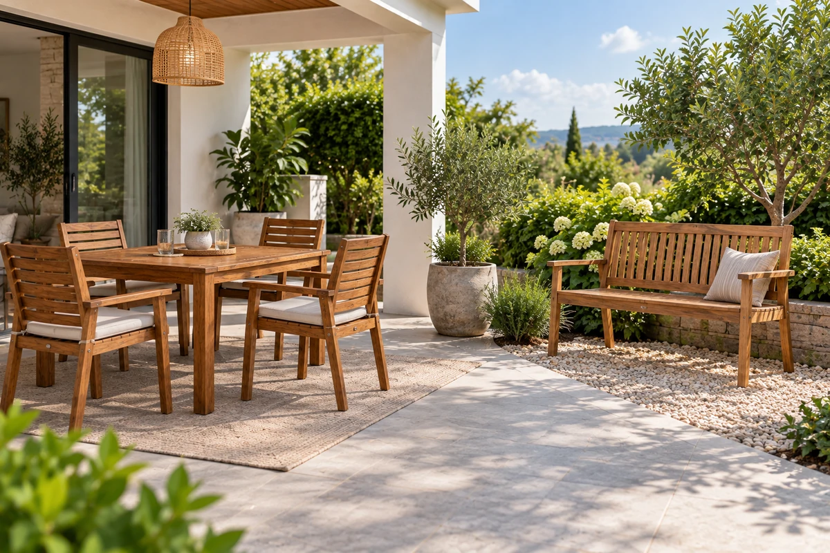 Acacia vs teak outdoor furniture - dining set on covered patio and bench in open garden