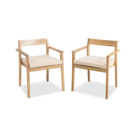 Two acacia wood patio chairs with cream seat cushions