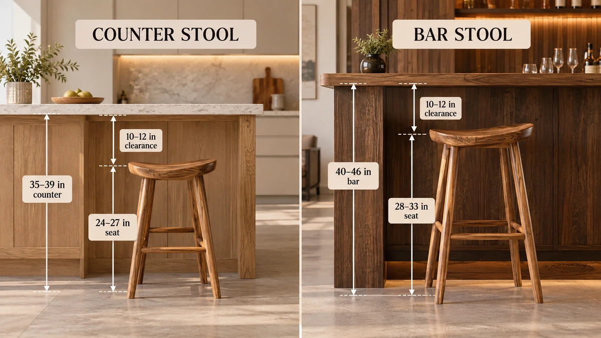 Bar stool vs counter stool height comparison - counter, bar and extra-tall seat heights with surface pairings