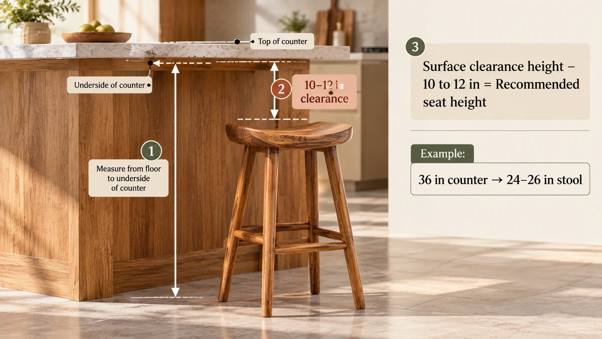 Bar stool vs counter stool height - measuring from floor to counter underside minus 10 to 12 inches