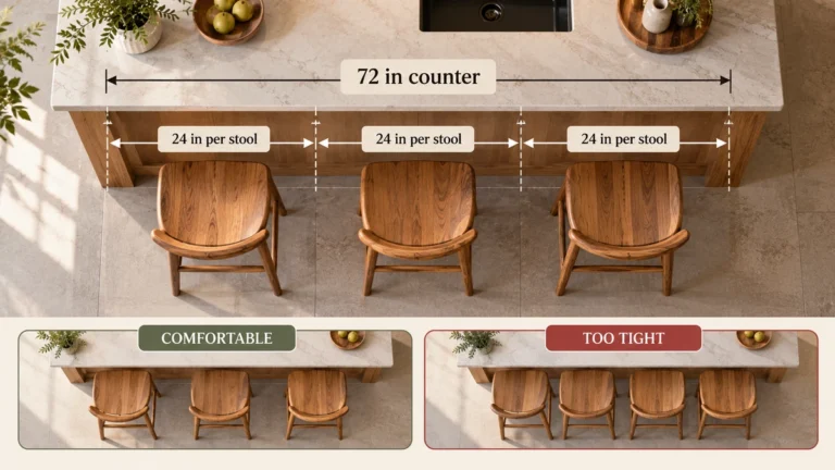 Bar stool vs counter stool height - stool spacing with 24 inches of counter width per seat