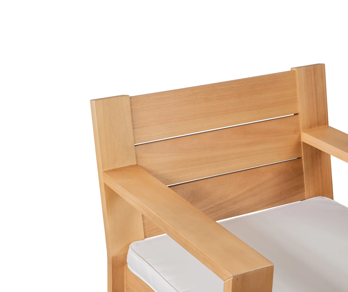 Close-up of horizontal wood back boards and straight armrest