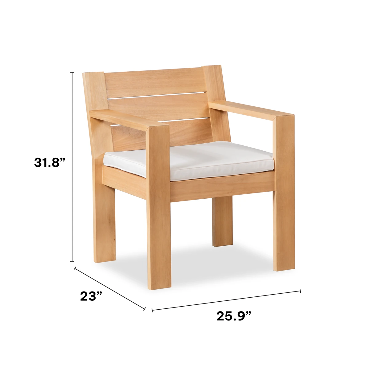 Cushioned patio dining chair measuring 25.9 inches wide, 23 inches deep and 31.8 inches high