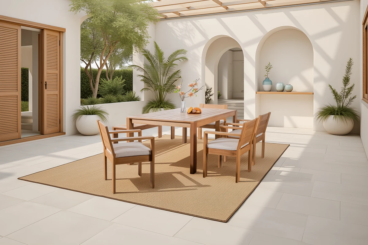 Wood dining chairs arranged around a table in a sunny patio setting