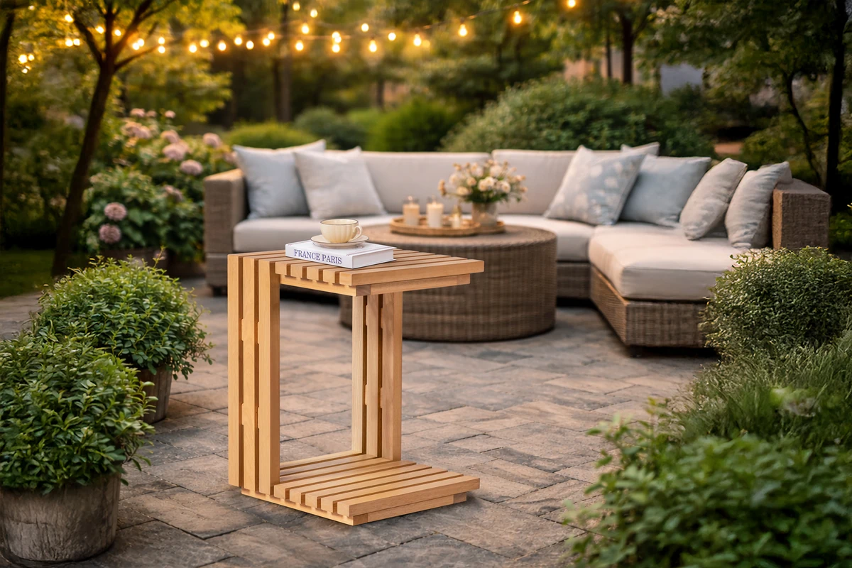 Solid eucalyptus patio side table in a garden seating area