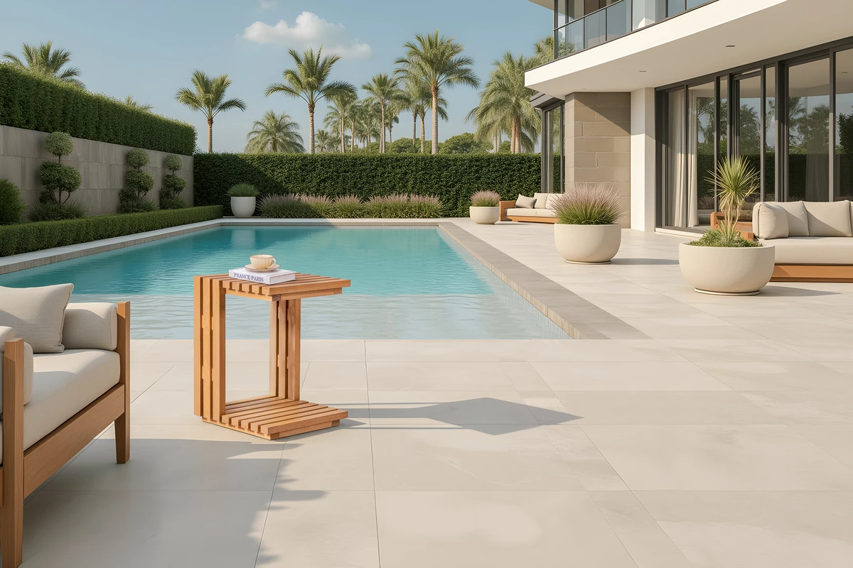 C-shaped eucalyptus side table beside a swimming pool