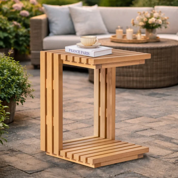 Solid Eucalyptus Wood C-Shaped Patio Side Table