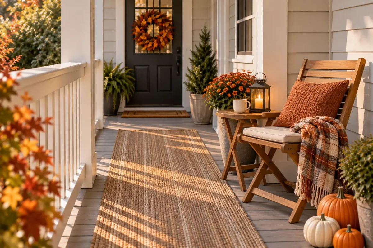 Fall front porch seating ideas - two wood armchairs in a conversation corner with fall planter