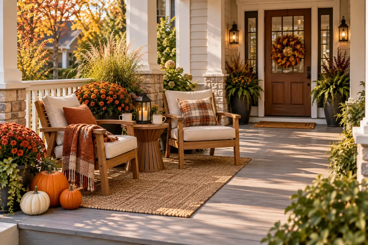 Fall front porch seating ideas - wood chairs with cushions and throw blankets for autumn evenings