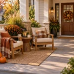 Fall front porch seating ideas - wood chairs with cushions and throw blankets for autumn evenings