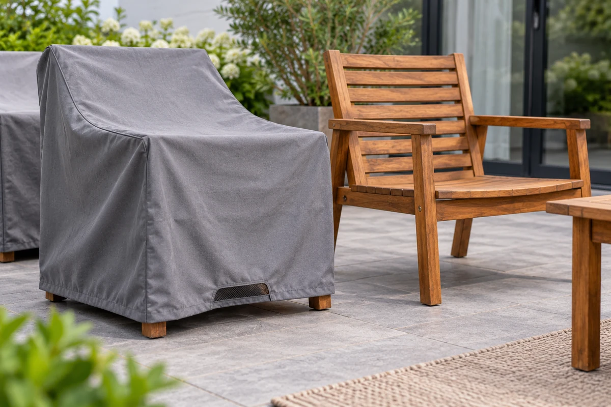 Breathable cover on dry acacia outdoor furniture with airflow gap