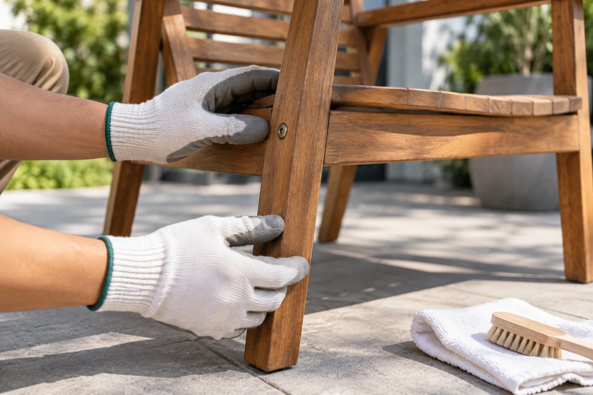 How to protect acacia wood outdoor furniture - inspecting chair joints and finish before cleaning